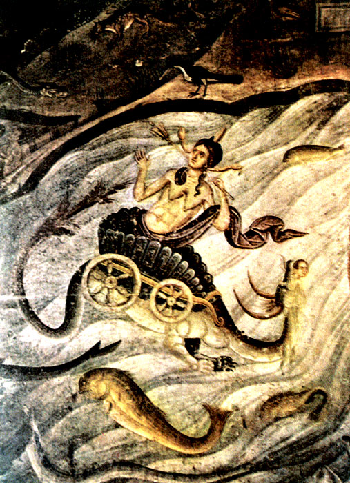 Змей. Деталь фрески 'Страшный суд' (1321 г.). Монастырь в Грачанице (Косово-Метохия).