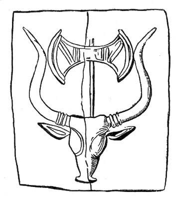 Двойной топор и голова быка - религиозные символы. Резной камень (из Кносса)