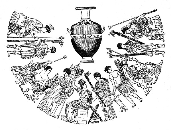 Деметра и Кора, окруженные жрецами и жрицами Элевсина. Рисунок на античной вазе