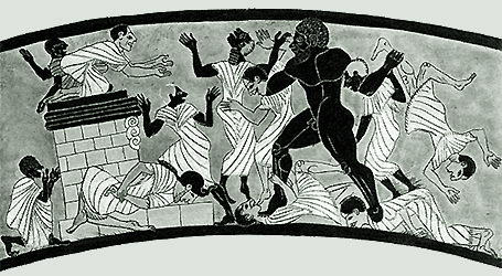 Геракл убивает Бусириса и его приближенных. Деталь росписи церетанской гидрии. Ок. 530 до н. э. Вена, Музей истории искусств.