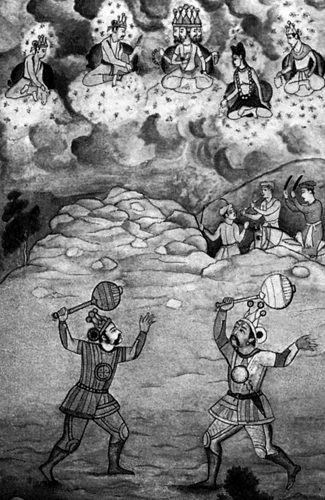 Битва Бхимы с Дурьодханой, за которой наблюдают Индра, Брахма и Яма. Иллюстрация к 