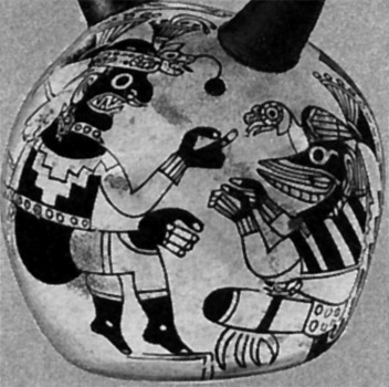 Верховный бог Аи-Апек и бог Игуана. Фрагмент росписи на сосудах. Культура мочика. Перу. 5-6 в.