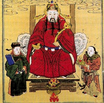 Гражданский бог богатства Би-Гань (в центре), слева от него - небесный чиновник Тянь-гуань, а справа Чжао-цай тунцзы (отрок, призывающий богатства). Китайская лубочная картина. Кон. 19 - нач. 20 вв.