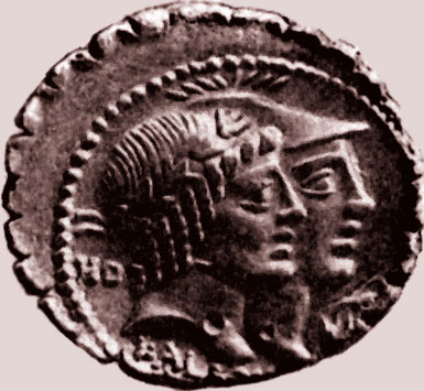 Виртус и Гонор. Монета эпохи Римской республики. Рим, Национальный музей