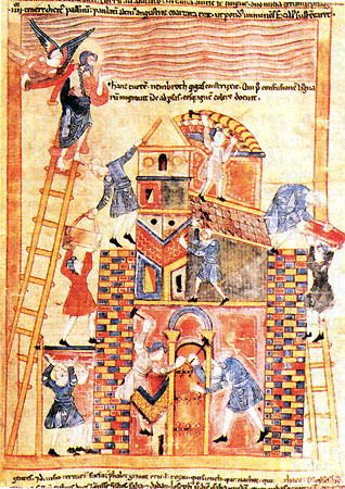 Строительство Вавилонской башни. Миниатюра в английской рукописи 11 в. Лондон, Британский музей