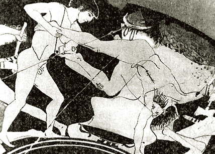 Тесей и Скирон. Фрагмент росписи краснофигурного килика. Ок. 480 до н. э. Флоренция, Археологический музей