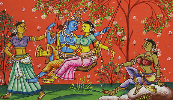 Влюбленные Кришна и Радха качаются на качелях