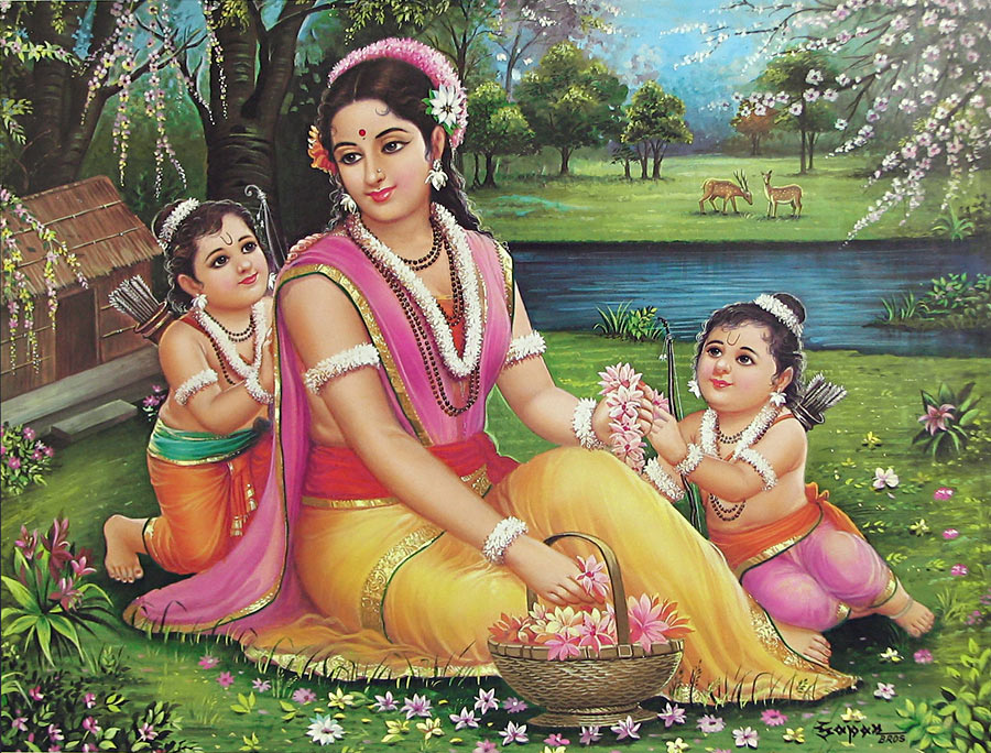 Сита с сыновьями. Источник - http://www.dollsofindia.com/images/products/hindu-posters/sita-with-luv-and-kush-CH85_l.jpg